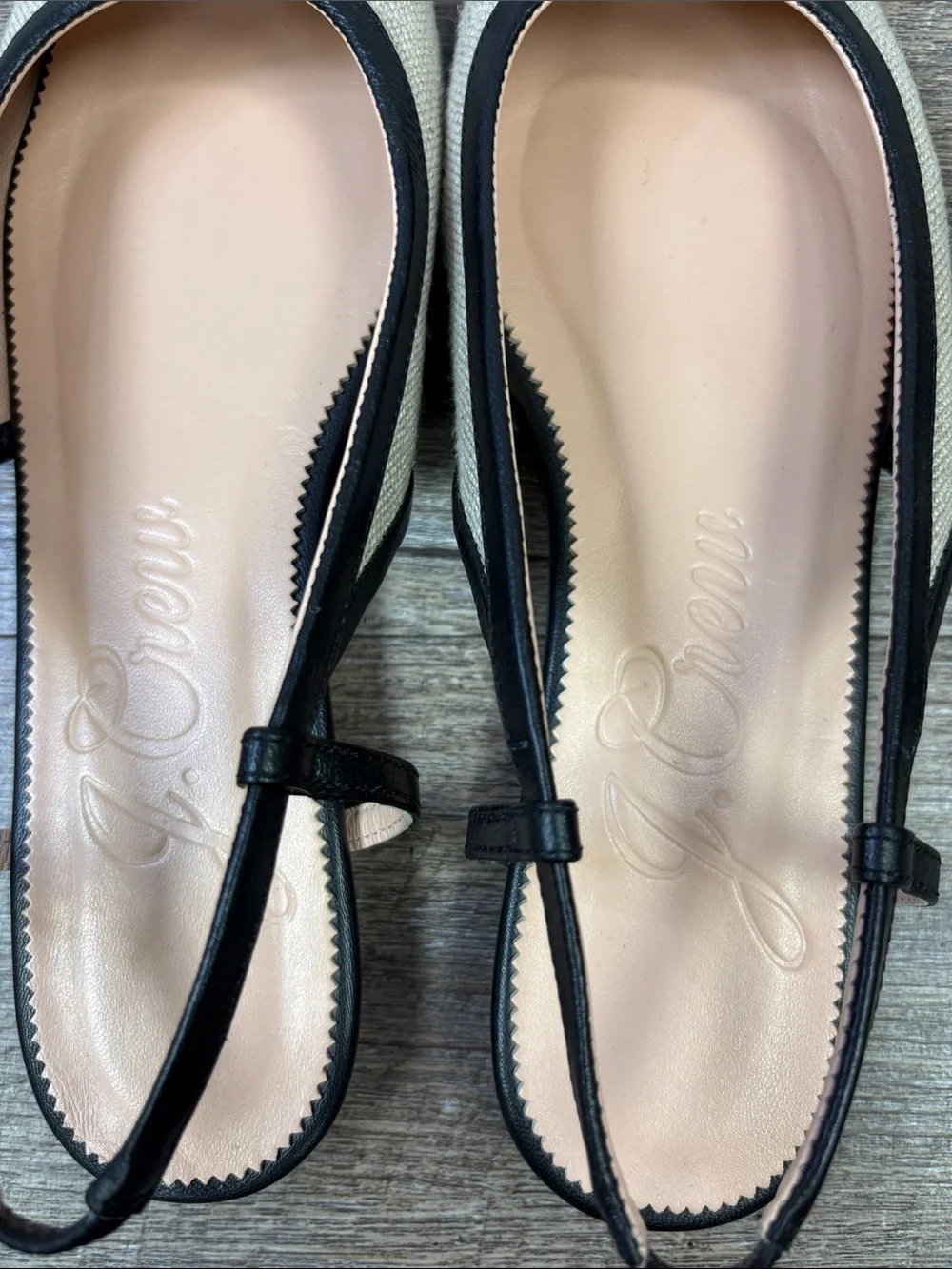J.Crew Women’s Slingback Cap Toe Flats Black Leather Natural Canvas Size 8.5